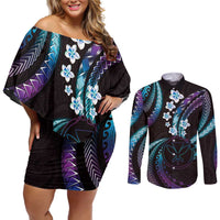Hawaii Map Kanaka Maoli Couples Matching Off Shoulder Short Dress and Long Sleeve Button Shirt Fantastic Frangipani Amethyst Gradient