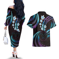 Hawaii Map Kanaka Maoli Couples Matching Off The Shoulder Long Sleeve Dress and Hawaiian Shirt Fantastic Frangipani Amethyst Gradient