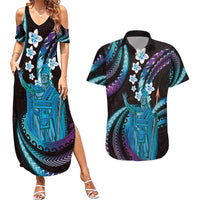 Hawaii King Kamehameha Couples Matching Summer Maxi Dress and Hawaiian Shirt Fantastic Plumeria Amethyst Gradient