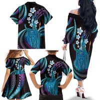 Hawaii King Kamehameha Family Matching Off The Shoulder Long Sleeve Dress and Hawaiian Shirt Fantastic Plumeria Amethyst Gradient