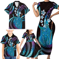 Hawaii King Kamehameha Family Matching Short Sleeve Bodycon Dress and Hawaiian Shirt Fantastic Plumeria Amethyst Gradient