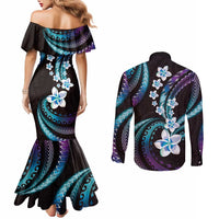Hawaii Plumeria Couples Matching Mermaid Dress and Long Sleeve Button Shirt Amethyst Gradient Polynesian Pattern