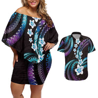 Hawaii Plumeria Couples Matching Off Shoulder Short Dress and Hawaiian Shirt Amethyst Gradient Polynesian Pattern