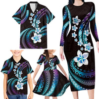 Hawaii Plumeria Family Matching Long Sleeve Bodycon Dress and Hawaiian Shirt Amethyst Gradient Polynesian Pattern