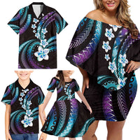 Hawaii Plumeria Family Matching Off Shoulder Short Dress and Hawaiian Shirt Amethyst Gradient Polynesian Pattern