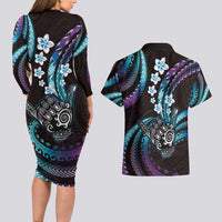 Hawaii Shaka Sign Couples Matching Long Sleeve Bodycon Dress and Hawaiian Shirt Fantastic Frangipani Amethyst Gradient