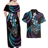 Hawaii Shaka Sign Couples Matching Off Shoulder Maxi Dress and Hawaiian Shirt Fantastic Frangipani Amethyst Gradient