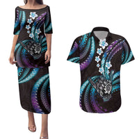 Hawaii Shaka Sign Couples Matching Puletasi and Hawaiian Shirt Fantastic Frangipani Amethyst Gradient