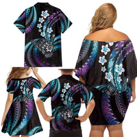 Hawaii Shaka Sign Family Matching Off Shoulder Short Dress and Hawaiian Shirt Fantastic Frangipani Amethyst Gradient