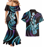 Hawaiian Ukulele Couples Matching Mermaid Dress and Hawaiian Shirt Amethyst Gradient Fantastic Plumeria