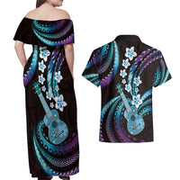 Hawaiian Ukulele Couples Matching Off Shoulder Maxi Dress and Hawaiian Shirt Amethyst Gradient Fantastic Plumeria LT01 - Polynesian Pride