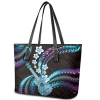 Hawaiian Ukulele Leather Tote Bag Amethyst Gradient Fantastic Plumeria