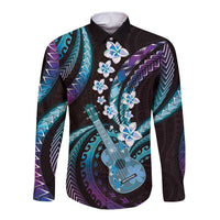 Hawaiian Ukulele Long Sleeve Button Shirt Amethyst Gradient Fantastic Plumeria