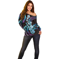 Hawaiian Ukulele Off Shoulder Sweater Amethyst Gradient Fantastic Plumeria