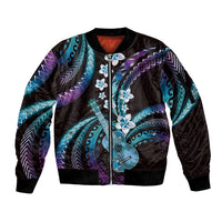 Hawaiian Ukulele Sleeve Zip Bomber Jacket Amethyst Gradient Fantastic Plumeria
