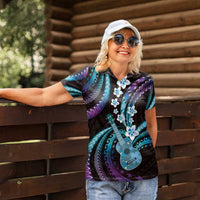 Hawaiian Ukulele Women Polo Shirt Amethyst Gradient Fantastic Plumeria