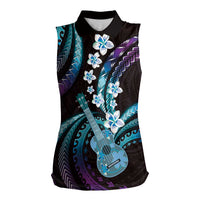 Hawaiian Ukulele Women Sleeveless Polo Shirt Amethyst Gradient Fantastic Plumeria
