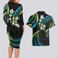 Hawaii Map Kanaka Maoli Couples Matching Long Sleeve Bodycon Dress and Hawaiian Shirt Fantastic Frangipani Chartreuse Cyan