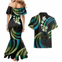 Hawaii Map Kanaka Maoli Couples Matching Mermaid Dress and Hawaiian Shirt Fantastic Frangipani Chartreuse Cyan