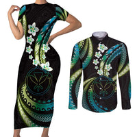 Hawaii Map Kanaka Maoli Couples Matching Short Sleeve Bodycon Dress and Long Sleeve Button Shirt Fantastic Frangipani Chartreuse Cyan