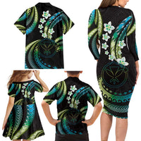 Hawaii Map Kanaka Maoli Family Matching Long Sleeve Bodycon Dress and Hawaiian Shirt Fantastic Frangipani Chartreuse Cyan