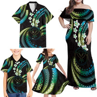 Hawaii Map Kanaka Maoli Family Matching Off Shoulder Maxi Dress and Hawaiian Shirt Fantastic Frangipani Chartreuse Cyan