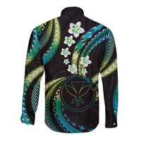 Hawaii Map Kanaka Maoli Long Sleeve Button Shirt Fantastic Frangipani Chartreuse Cyan