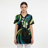 Hawaii Map Kanaka Maoli Scrub Top Fantastic Frangipani Chartreuse Cyan - Polynesian Pride