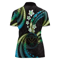 Hawaii Map Kanaka Maoli Women Polo Shirt Fantastic Frangipani Chartreuse Cyan