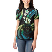 Hawaii Map Kanaka Maoli Women Polo Shirt Fantastic Frangipani Chartreuse Cyan