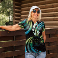 Hawaii Map Kanaka Maoli Women Polo Shirt Fantastic Frangipani Chartreuse Cyan