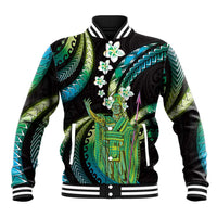 Hawaii King Kamehameha Baseball Jacket Fantastic Plumeria Chartreuse Cyan