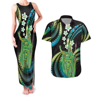 Hawaii King Kamehameha Couples Matching Tank Maxi Dress and Hawaiian Shirt Fantastic Plumeria Chartreuse Cyan