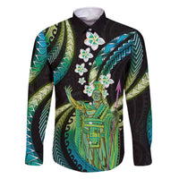Hawaii King Kamehameha Family Matching Off The Shoulder Long Sleeve Dress and Hawaiian Shirt Fantastic Plumeria Chartreuse Cyan