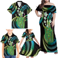 Hawaii King Kamehameha Family Matching Off Shoulder Maxi Dress and Hawaiian Shirt Fantastic Plumeria Chartreuse Cyan