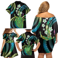 Hawaii King Kamehameha Family Matching Off Shoulder Short Dress and Hawaiian Shirt Fantastic Plumeria Chartreuse Cyan