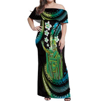 Hawaii King Kamehameha Off Shoulder Maxi Dress Fantastic Plumeria Chartreuse Cyan