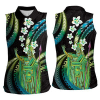 Hawaii King Kamehameha Women Sleeveless Polo Shirt Fantastic Plumeria Chartreuse Cyan