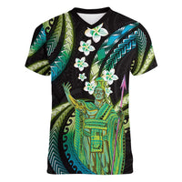 Hawaii King Kamehameha Women V-Neck T-Shirt Fantastic Plumeria Chartreuse Cyan
