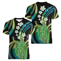Hawaii King Kamehameha Women V-Neck T-Shirt Fantastic Plumeria Chartreuse Cyan