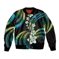 Hawaii Plumeria Bomber Jacket Chartreuse Cyan Polynesian Pattern