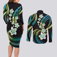 Hawaii Plumeria Couples Matching Long Sleeve Bodycon Dress and Long Sleeve Button Shirt Chartreuse Cyan Polynesian Pattern
