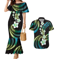 Hawaii Plumeria Couples Matching Mermaid Dress and Hawaiian Shirt Chartreuse Cyan Polynesian Pattern