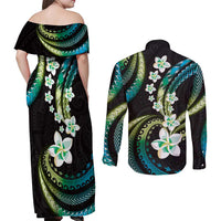 Hawaii Plumeria Couples Matching Off Shoulder Maxi Dress and Long Sleeve Button Shirt Chartreuse Cyan Polynesian Pattern