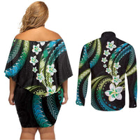 Hawaii Plumeria Couples Matching Off Shoulder Short Dress and Long Sleeve Button Shirt Chartreuse Cyan Polynesian Pattern