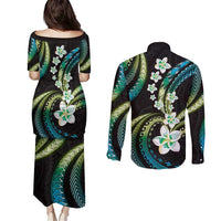 Hawaii Plumeria Couples Matching Puletasi and Long Sleeve Button Shirt Chartreuse Cyan Polynesian Pattern