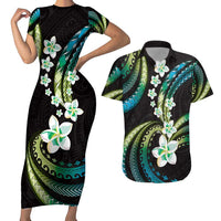 Hawaii Plumeria Couples Matching Short Sleeve Bodycon Dress and Hawaiian Shirt Chartreuse Cyan Polynesian Pattern