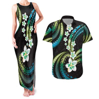 Hawaii Plumeria Couples Matching Tank Maxi Dress and Hawaiian Shirt Chartreuse Cyan Polynesian Pattern