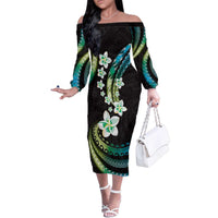 Hawaii Plumeria Family Matching Off The Shoulder Long Sleeve Dress and Hawaiian Shirt Chartreuse Cyan Polynesian Pattern