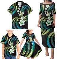 Hawaii Plumeria Family Matching Puletasi and Hawaiian Shirt Chartreuse Cyan Polynesian Pattern